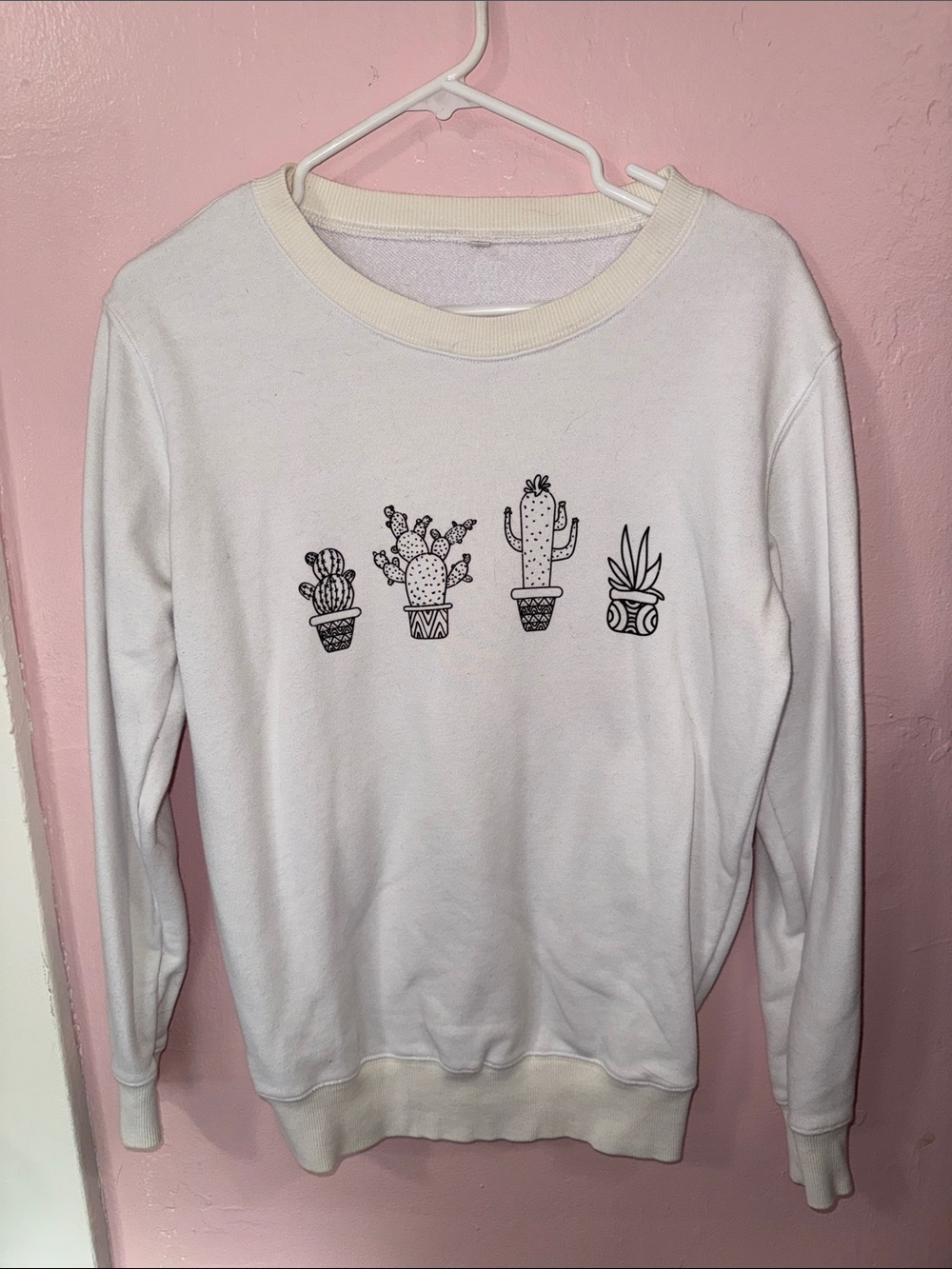 White Sweatshirt with Black Cactus Embroidery